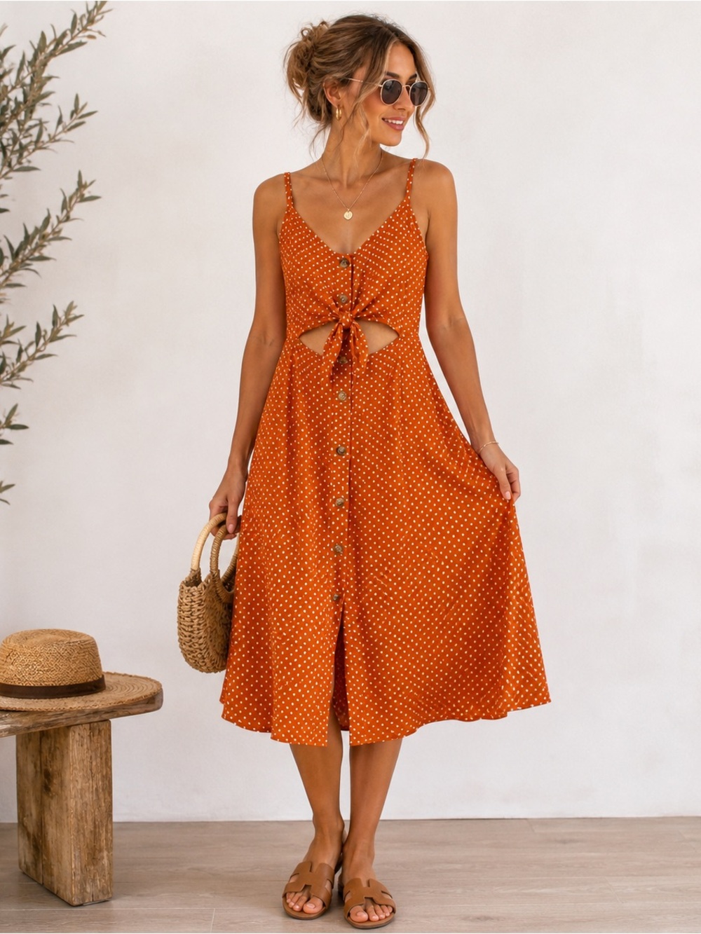 Rust Polka Dot Tie-Front Sundress - Picture 2 of 6
